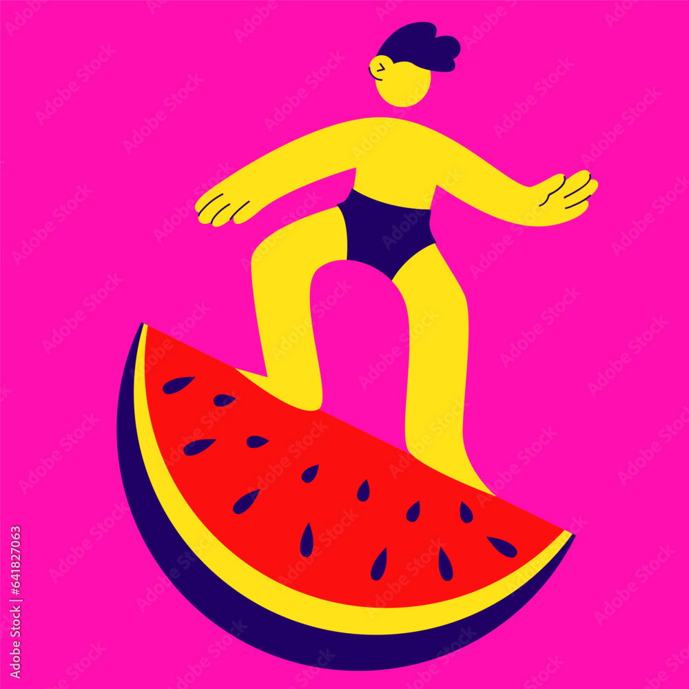 Naklejka premium A guy slides on a watermelon slice.