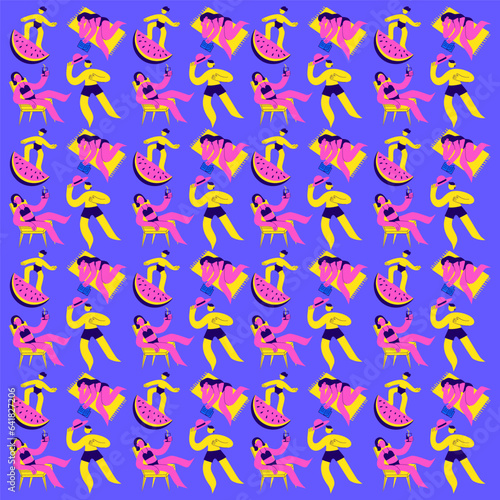 pattern people in bathing suits relaxing on the beach of vector flat isolated illustrations.
