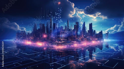 Smart city connected with abstract lines and dots and gradient glowing lines   big data connection technology concept. Internet of things and smart city concept