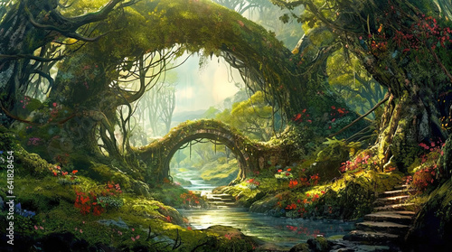tunnel of trees,green forest in the forest,Mystical Forest by the River,Conceptual Scene of a Forest