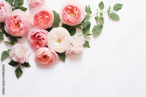 Floral arrangement  web banner with pink English roses  ranunculus  carnation flowers and green leaves on white table background. Flat lay  top view. Wedding or birthday styled stock  Generative AI