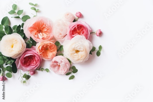 Floral arrangement, web banner with pink English roses, ranunculus, carnation flowers and green leaves on white table background. Flat lay, top view. Wedding or birthday styled stock, Generative AI © Image Alchemy