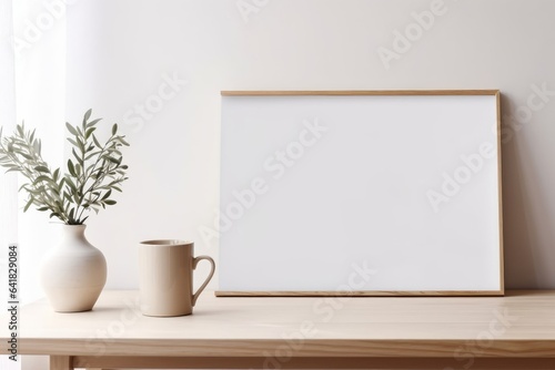 Home office concept. Empty horizontal wooden picture frame mockup. Cup of coffee on wooden table. White wall background. Vase with olive branches. Scandinavian interior, Generative AI © Image Alchemy