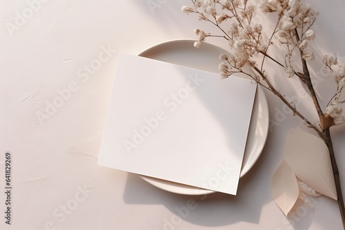 Neutral floral branding, wedding stationery. Blank greeting card, beige envelope mock up. Dry lunaria annua, on speckled ceramic plate in sunlight. White table background. Flat lay, Generative AI photo