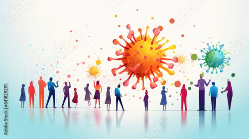 simple illustration, virus particles making people sick. People surrounded with pathogene virus particles. Illness, pandemic. Danger. photo