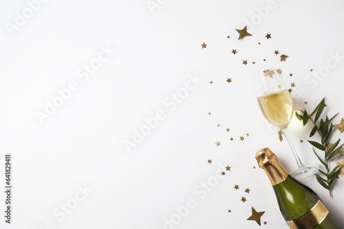 New Year festive web banner. Birthday, wedding party. Celebration concept. Champagne wine bottle, drinking glass. Olive tree branches. White table background. Golden star confetti. Generative AI