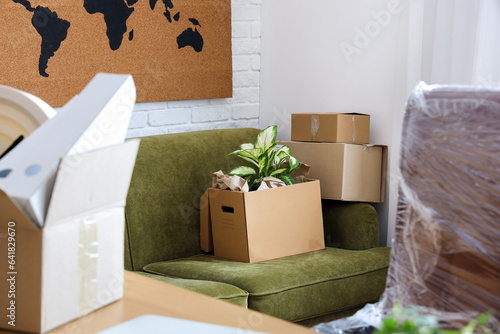 Sofa with cardboard boxes i...