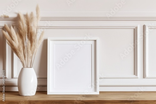 Blank white picture frame mockup. Vase with dry reed, grass on old wooden bench. Wall moulding background, trim decor. Elegant home interior decor, still life photo. Art dispaly. Front, Generative AI photo