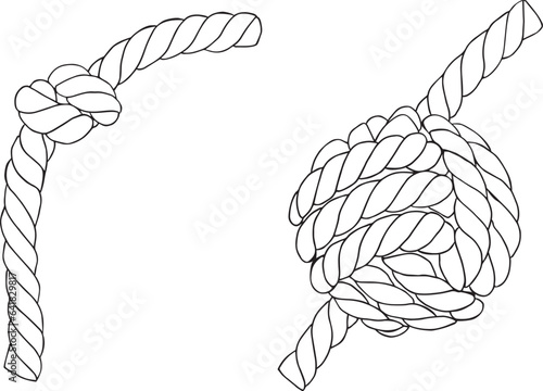 Set of knotted ropes cords monkey fist knot. Nautical thread whipcord with loops and noose. Twisted, braided, folded, spiral fiber. Illustration hand drawn graphic in black on white vector.