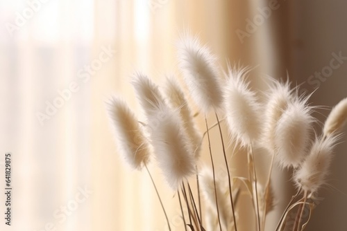 Close-up of beautiful creamy dry grass bouquet. Bunny tail, Lagurus ovatus plant against soft blurred beige curtain background. Selective focus. Floral home, Generative AI