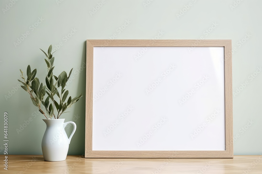 Empty horizontal wooden picture frame mockup. Olive tree branches in silver jug vase. Mint green wall background. Working space, home office. Art, poster display. Retro summer interior, Generative AI Empty horizontal wooden picture frame mockup. Olive tree branches in silver jug vase. Mint green wall background. Working space, home office. Art, poster display. Retro summer interior, Generative AI