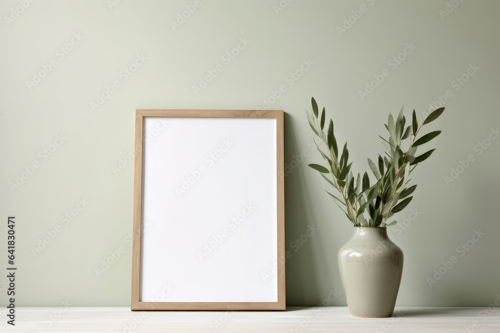 Blank vertical wooden picture frame mockup. Olive tree branches in silver jug vase. Sage green wall background. Working space, home office. Art, poster display. Retro summer interior, Generative AI Blank vertical wooden picture frame mockup. Olive tree branches in silver jug vase. Sage green wall background. Working space, home office. Art, poster display. Retro summer interior, Generative AI