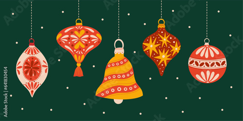 Collection of Christmas balls, hanging baubles elements, festive Xmas ornaments vector illustration set, winter season holiday decorations