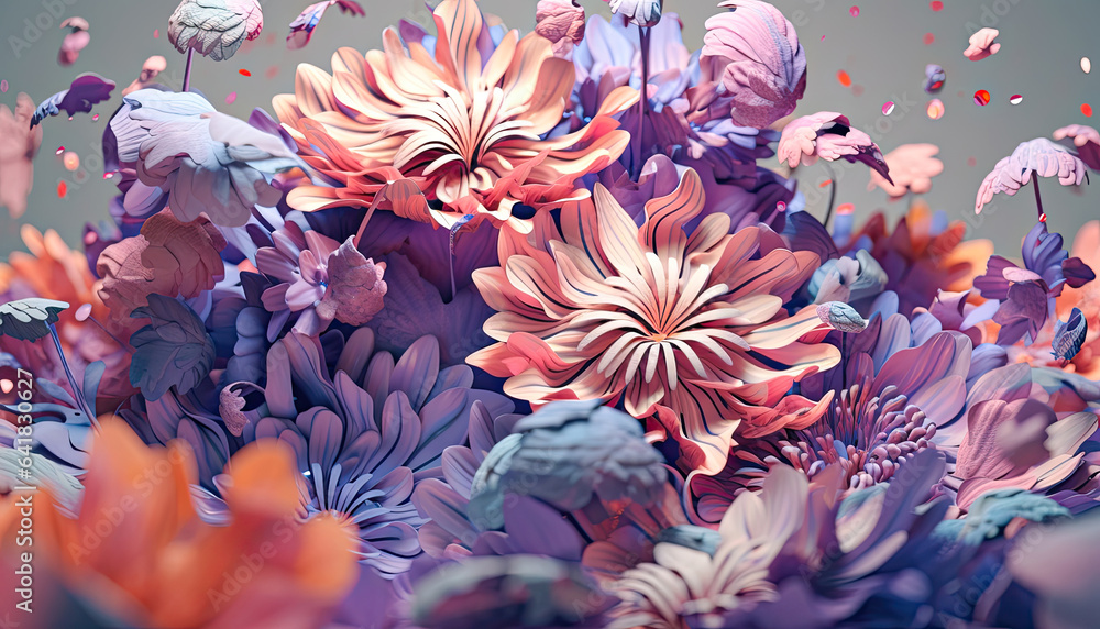 A Dreamlike Garden of Purple Flowers,Dreamy Conceptual Botanical Flower Art, 3D Rendering