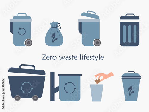 set of different trash cans, different shapes and sizes. Garbage cans, waste recycling.