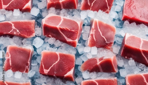 Wallpaper Mural Slices of tuna fish on the ice cubes. Fresh Raw fish fillet. Seafood background. Top view, from above Torontodigital.ca