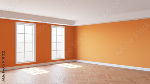 Interior with Orange Walls  Two Windows  White Ceiling and Cornice  Glossy Herringbone Parquet Flooring and a White Plinth. Beautiful Room Concept. 3D illustration  8K Ultra HD  7680x4320  300 dpi