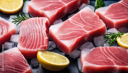 Slices of tuna fish on the ice cubes with lemon and rosmery. Fresh Raw fish fillet. Seafood background photo