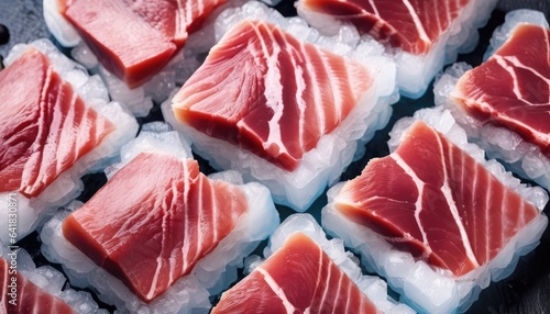 Slices of tuna fish on the ice cubes. Fresh Raw fish fillet. Seafood background