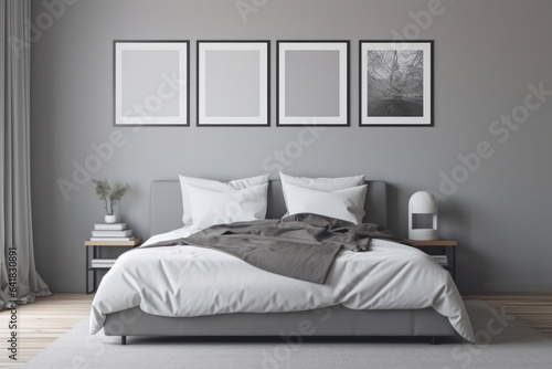 Stylish bedroom decor with two vertical frames on the wall  adding a touch of elegance and sophistication to the space. AI Generative.