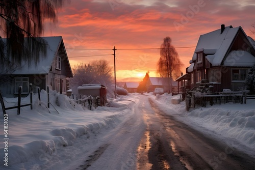 Winterlicher Sonnenaufgang   ber einem Dorf
