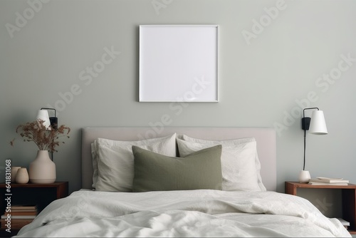 Landscape black picture frame mockup on sage green wall. Elegant bedroom view. White and grey linen pillows  blanket.Night stand with ceramic vase  dry fern and books. Scandinavian  Generative AI