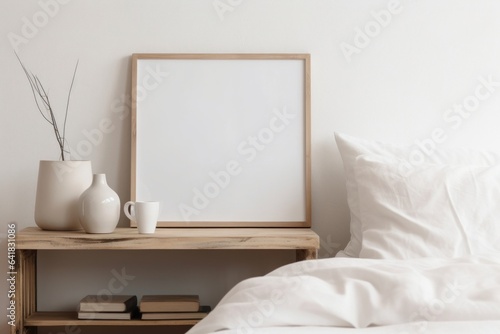 Modern Scandinavian bedroom. Minimal home, interior still life photo. Trendy marble lamp on old wooden bench, table. Blank black horizontal picture frame mockup. Cup of coffee on books. Generative AI