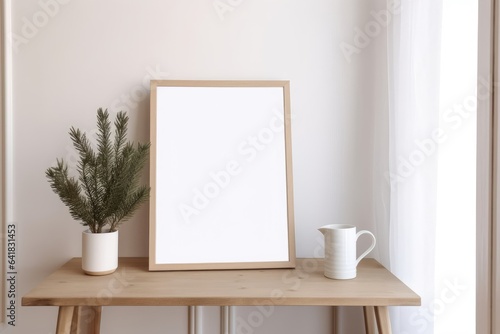 Christmas Scandinavian interior. Blank vertical wooden picture frame mockup. Pine tree branches in vase, cup of coffee and old books on table, desk. White wall background, doors. Generative AI