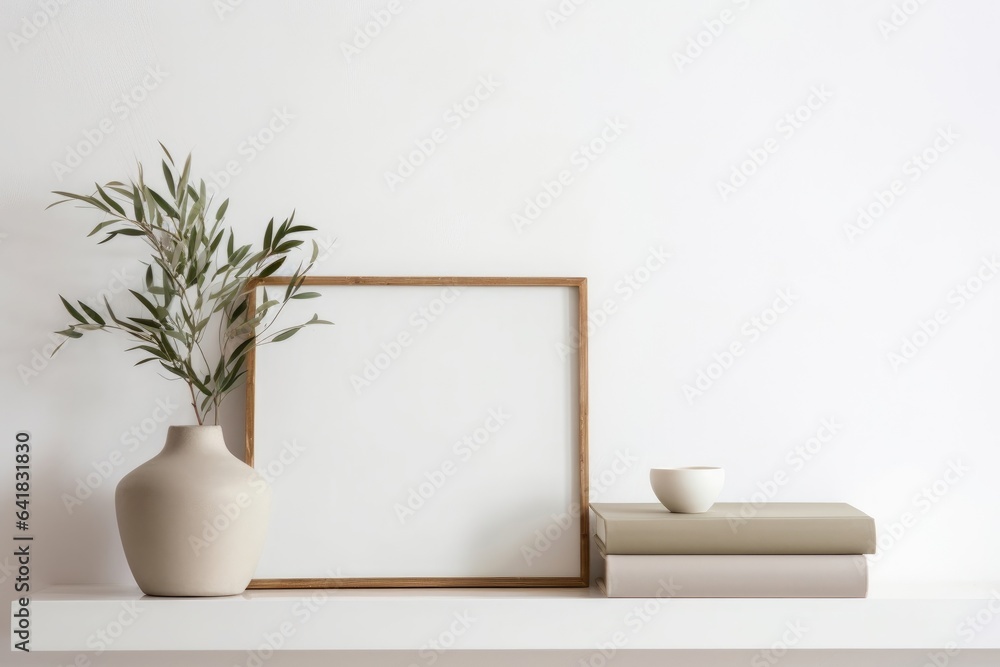 Elegant interior still life. Two floating shelves. Blank wooden picture frame mockup. Textured vase with olive tree branches and old books. Modern Mediterranean home. White wall, Generative AI Elegant interior still life. Two floating shelves. Blank wooden picture frame mockup. Textured vase with olive tree branches and old books. Modern Mediterranean home. White wall, Generative AI