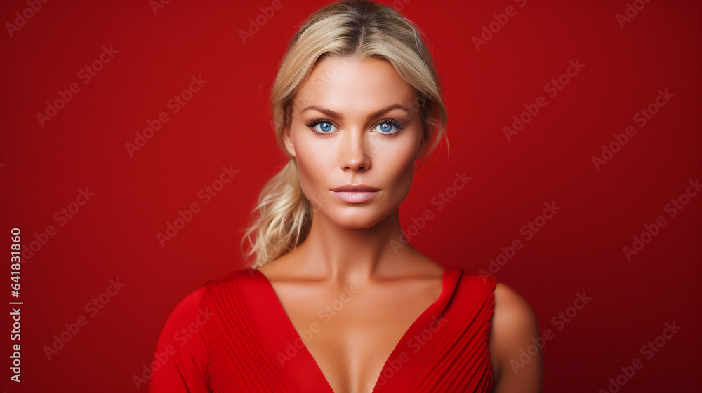 Fototapeta premium Blonde Woman with Blue Eyes on Red