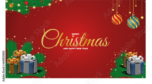 Christmas background border with branch, ornament, tinsel, christmas ball, gift box, and sparkle lights on red background.