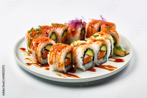 Japanese sushi food. Maki rolls with tuna, salmon, shrimp, crab and avocado. Rainbow sushi roll, uramaki, hosomaki and nigiri on white banckground