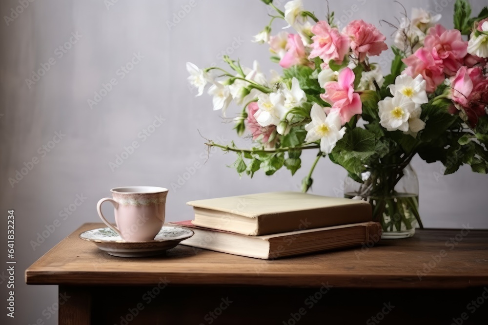 Moody spring still life. Wooden bench, table composition with cup of coffee, tea and old books. Beautiful floral bouquet with white, pink tulips, daffodils. green guelder rose flowers, Generative AI Moody spring still life. Wooden bench, table composition with cup of coffee, tea and old books. Beautiful floral bouquet with white, pink tulips, daffodils. green guelder rose flowers, Generative AI