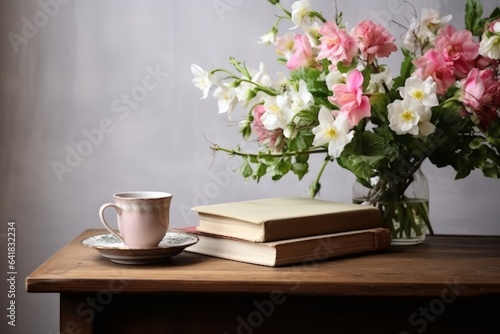 Moody spring still life. Wooden bench  table composition with cup of coffee  tea and old books. Beautiful floral bouquet with white  pink tulips  daffodils. green guelder rose flowers  Generative AI