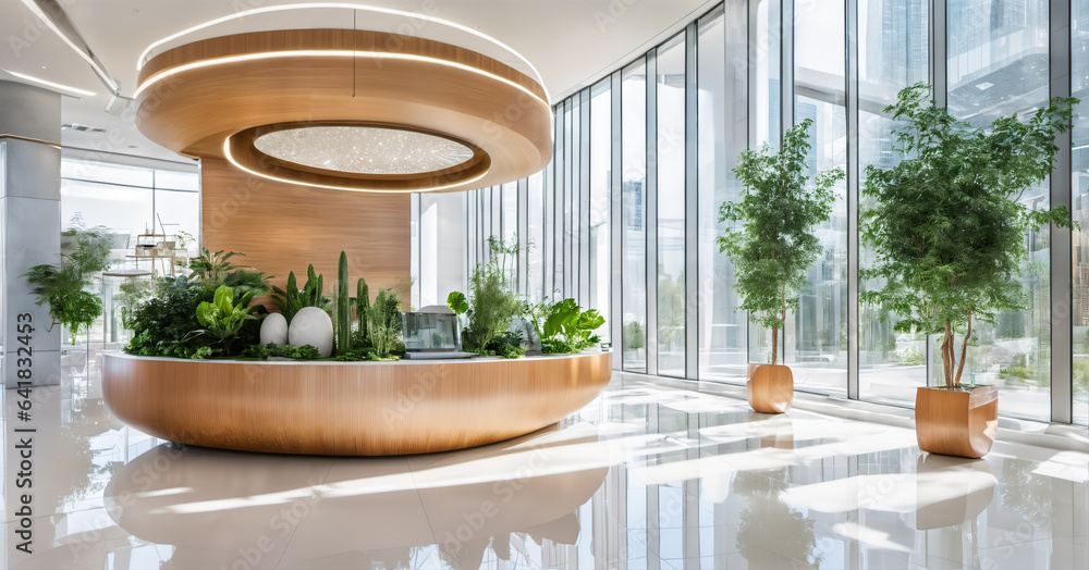 Modern futuristic business company entry hall or hotel lobby. Luxury