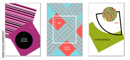 Geometric cover design, set of 3 covers. Abstract unusual background in Memphis style. Bright geometric shapes in random order