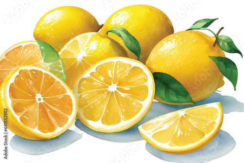 Watercolor fresh juicy testy lemon fruit vector art illustration on white background.
