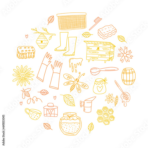 Vector round collection of beekeeping and honey items hand-drawn in doodle style
