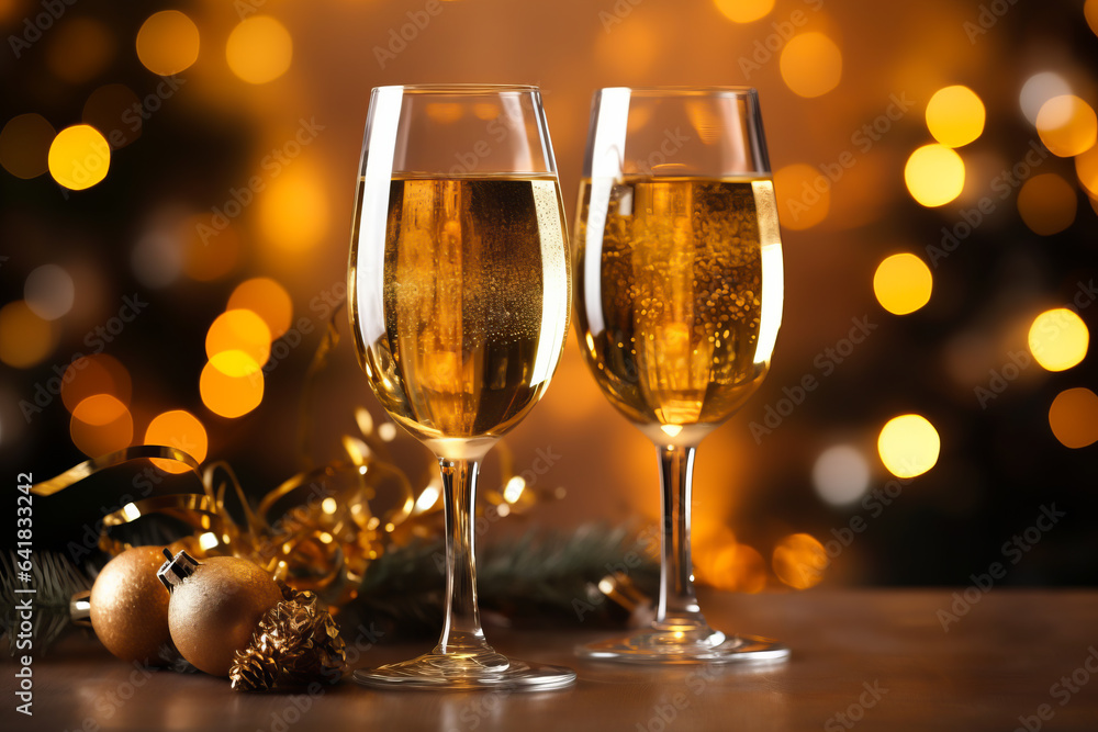 Champagne glass on wooden table and Christmas illumination on background. illustration of celebrating Christmas and New Year Champagne glass on wooden table and Christmas illumination on background. illustration of celebrating Christmas and New Year