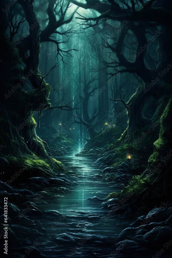 Dark Mystical Forest with Stream