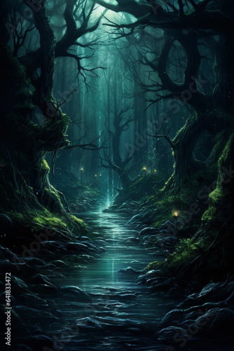 Dark Mystical Forest with Stream