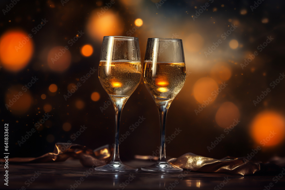 Champagne glass on wooden table and Christmas illumination on background. illustration of celebrating Christmas and New Year Champagne glass on wooden table and Christmas illumination on background. illustration of celebrating Christmas and New Year