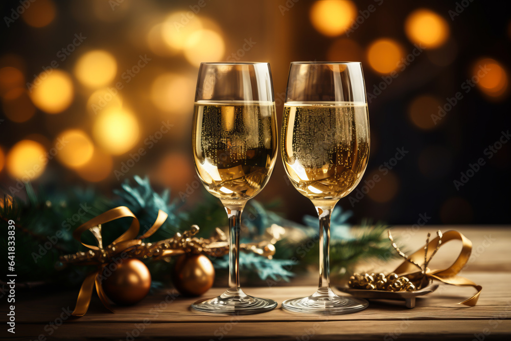 Champagne glasses on wooden table and Christmas illumination on background. illustration of celebrating Christmas and New Year Champagne glasses on wooden table and Christmas illumination on background. illustration of celebrating Christmas and New Year