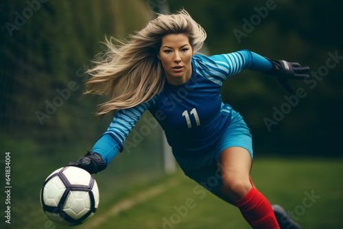 Leinwand Poster Female blonde goalkeeper in an exciting soccer match