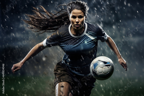 Female soccer player in the rain 