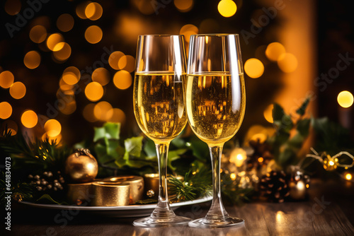 Champagne glass on wooden table and Christmas illumination on background. illustration of celebrating Christmas and New Year