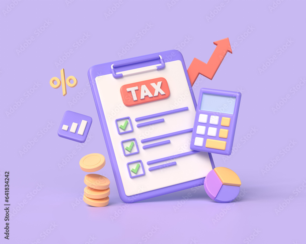 3d checklist with check mark, up arrow, calculator, coins, chart, percent sign. business tax payment concept. financial annual report. illustration isolated on purple background. 3D rendering 3d checklist with check mark, up arrow, calculator, coins, chart, percent sign. business tax payment concept. financial annual report. illustration isolated on purple background. 3D rendering