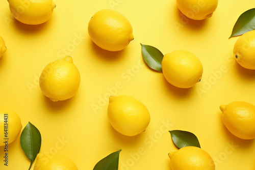 Top view of whole lemon fruits on bright yellow background