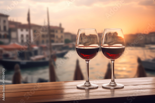 Two glasses of red wine on wooden table and beautiful Italy landscape on background.  illustration for travel postcard or commercial ad. © Sergie