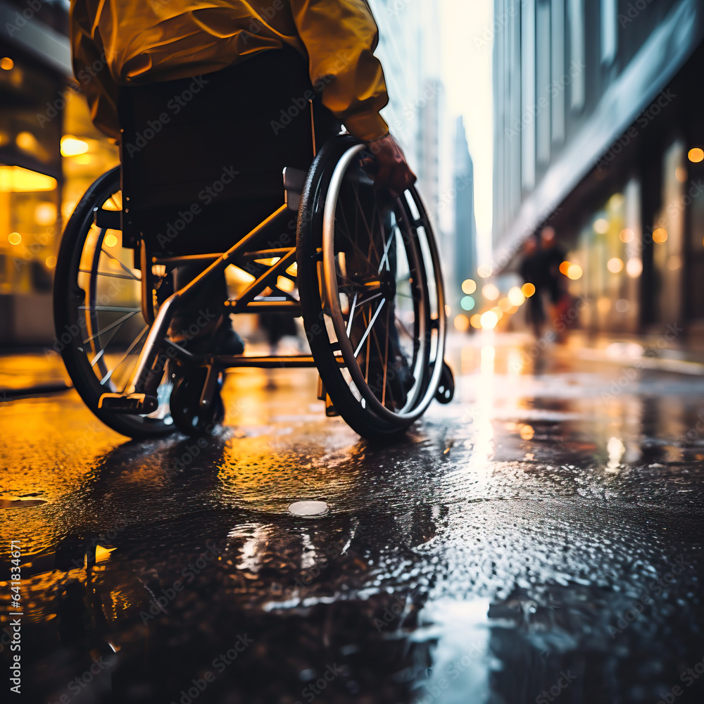 Disabled person in a wheelchair on a wet city street on a rainy day